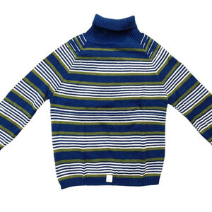 Vintage 1940s-1950s 3/4 Sleeve Multi-Color Blue Stripe Knit Turtleneck Sweater